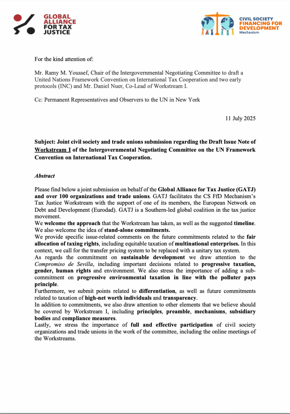 Joint Civil Society and Trade Unions Submission on Draft Issue Note of Worksteam I of the INC on the UN Framework Convention on International Tax Cooperation